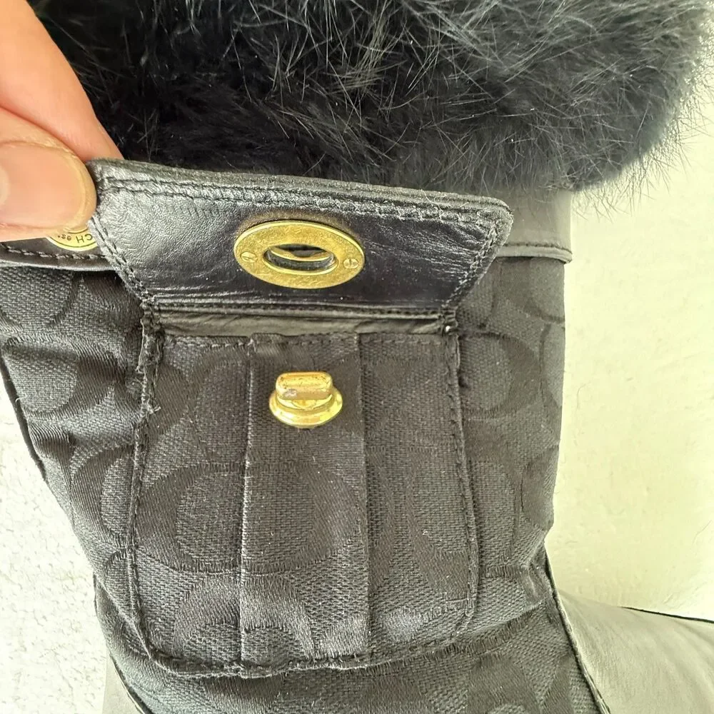 Coach Kimberly Fur Boots Women's 9M Black Leather Fabric Logo Pocket Side Zipper - Picture 11 of 16